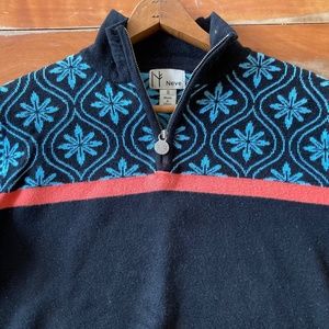 Neve sport wool ski sweater size small—black orange/red cerulean blue